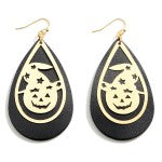 Halloween Leather Teardrop Earrings Featuring Jack-O-Lantern Details