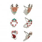 Reindeer Christmas stud earring set featuring three pairs
