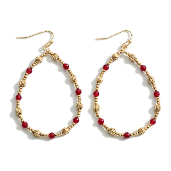 Burgundy Beaded Teardrop Earrings With Gold Features