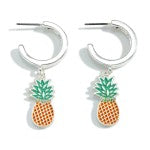 Silver Hoop Earring With Enameled Pineapple Charm