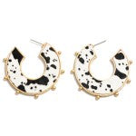 White Leather Animal Print Hoop Earrings Featuring Gold Tone Stud Accents