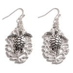 Metal Coral Drop Earrings Featuring Silver Tone Sea Turtle Charms