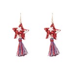 Red Glitter Star Shaped Drop Earrings Featuring Red, White, and Blue Tassel
