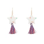 White Glitter Star Shaped Drop Earrings Featuring Red, White, and Blue Tassel