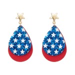 blue Layered Leather Glitter Stars Drop Earrings Featuring Gold Tone Star Accents