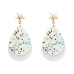 White Layered Leather Glitter Stars Drop Earrings Featuring Gold Tone Star Accents