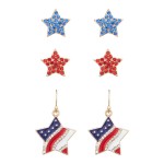 Star Earrings Featuring Red and Blue Rhinestone Studs and American Flag Star Drop Earrings
