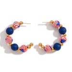 American Flag Beaded Hoop Earrings Featuring Gold Tone Beaded Accents