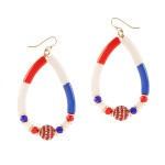 Red, White, and Blue Beaded Drop Earrings Featuring American Flag Rhinestone Bead