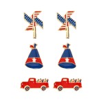 American Flag Pinwheel, Party Hat, and Truck Enamel Stud Earrings