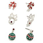 Set of Three Christmas Ornament, Reindeer, and Bow Stud Earrings