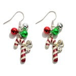 Silver Tone Christmas Drop Earrings Featuring Bells And Candy Canes