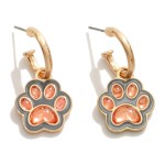 Gold Tone Drop Hoop Earring With Enamel And Glitter Resin Paw Print Charm