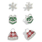Set of Three Christmas Stud Earrings Featuring Rhinestone and Glitter Christmas Beanies and Rhinestone Snowflakes