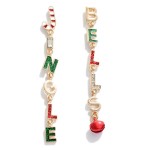 Linked "Jingle Bells" Glitter and Rhinestone Drop Earrings With Jingle Bell Accent