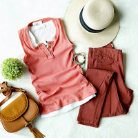 Sm Ash Rose Fitted Wood button ribbed Henley tank