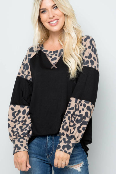 Mocha Long Sleeve Top with Leopard Print Design Sleeves