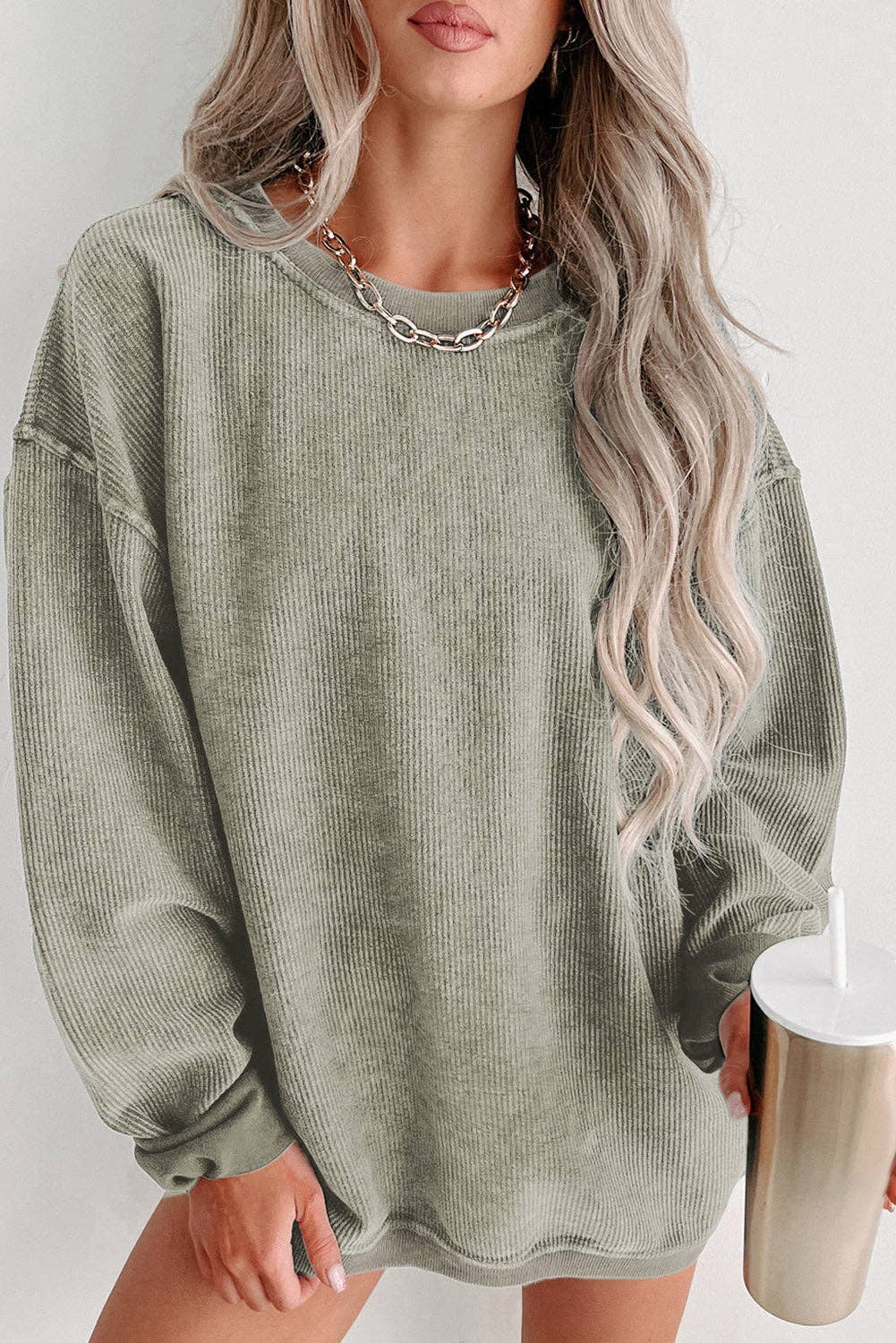 Green Solid Ribbed Knit Round Neck Pullover Sweatshirt: Green / L / 100%Polyester