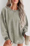 Green Solid Ribbed Knit Round Neck Pullover Sweatshirt: Green / S / 100%Polyester