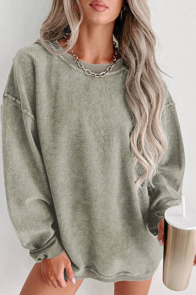 Green Solid Ribbed Knit Round Neck Pullover Sweatshirt: Green / S / 100%Polyester