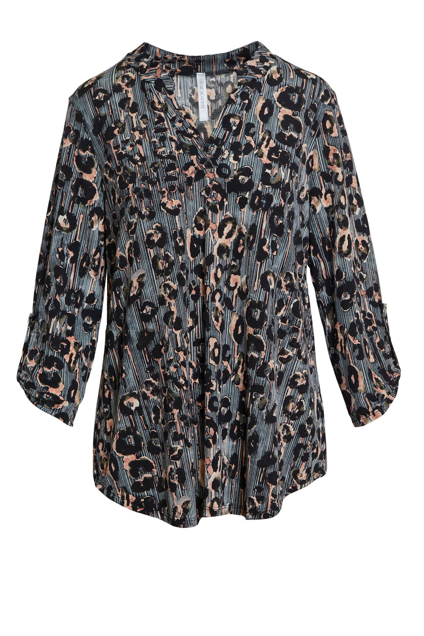 Dear Scarlett Leopard Print High Low Wrinkle Free LIZZY Top Shirt CHARCOAL MAUVE