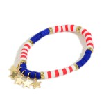 American Flag Themed Stretch Bracelet Featuring Gold Tone Star Charms