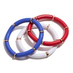 3 Red, White, and Blue Acrylic Tube Bead Stretch Bracelets
