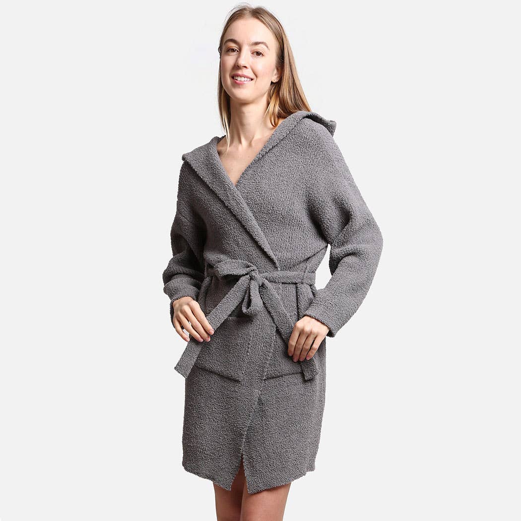 Solid Color Soft Hooded Robe w Pocket