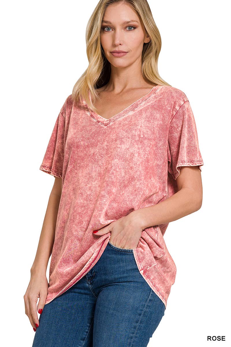 Lg Rose WASHED SHORT SLEEVE V-NECK TOP