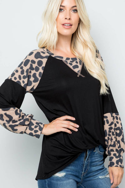 Mocha Leopard LONG SLEEVE TOP WITH ANIMAL PRINT DETAIL -PLUS