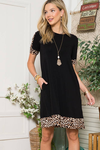 Leopard Contrast Short Sleeve Black Dress Celeste