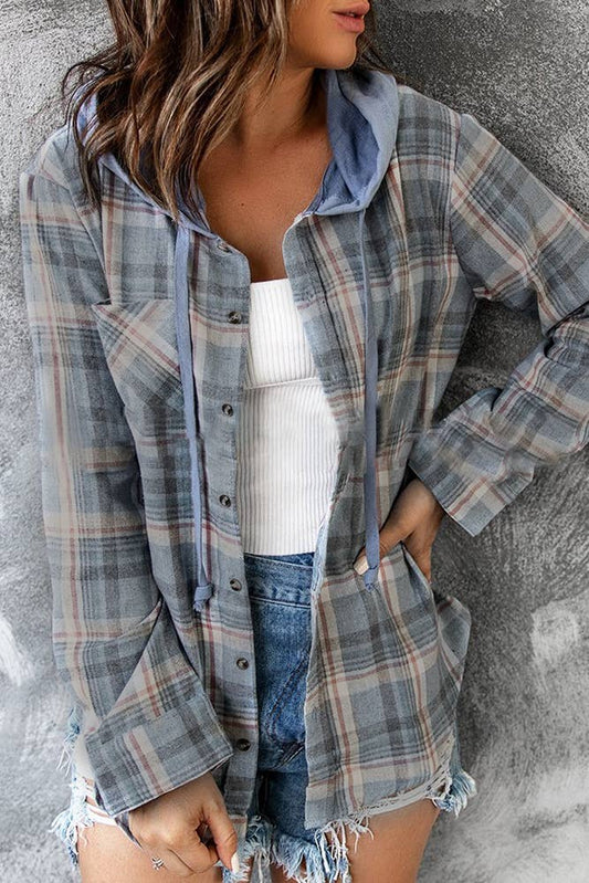 TOPW1027 Plaid Hoodies Shacket Shirt Women