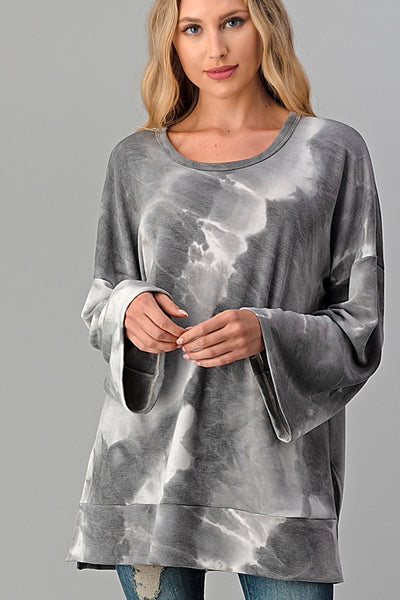 TIE DYE SLIT SIDES WIDE SLEEVE BANDED TOP