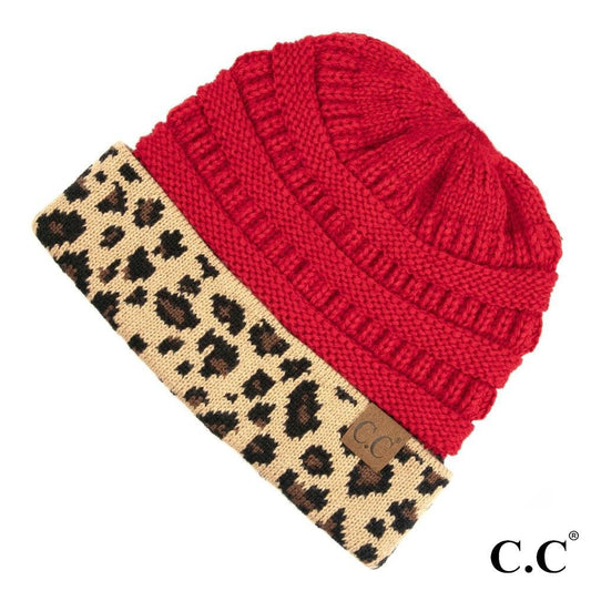 Red messy bun beanie with leopard print cuff