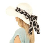 Ivory Straw Wide Brim Hat With Animal Print Ribbon