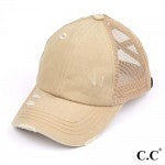 Khaki C.C Pony Cap BT-780 Distressed Criss Cross Pony Cap with Mesh Back