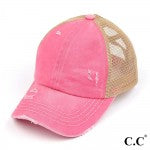 Pink C.C Pony Cap BT-780 Distressed Criss Cross Pony Cap with Mesh Back