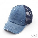 Navy Distressed Criss Cross Pony Cap with Mesh Back