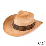 Tea Stained Raffia Cowboy Hat with Cross Embellishment on Band