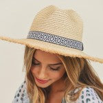 Beige Straw Panama Hat With Black and White Aztec Band and Frayed Edges