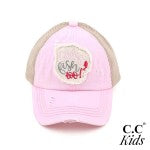 KIDS-BT-1020 Distressed Embroidered Girls Fish Too! Patch Pony Cap For Kids