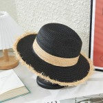 Black Color Block Straw Panama Hat With Frayed Edges