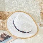 White Straw Panama Hat With Aztec Band And Frayed Edge