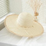 Beige Straw Wide Brim Hat Featuring Straw And Pearl Trim