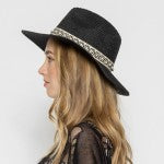 Black Straw Panama Hat With Aztec Band And Pearl Accents