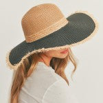 Black/Taupe Sun Hat With Fringe Straw Hem