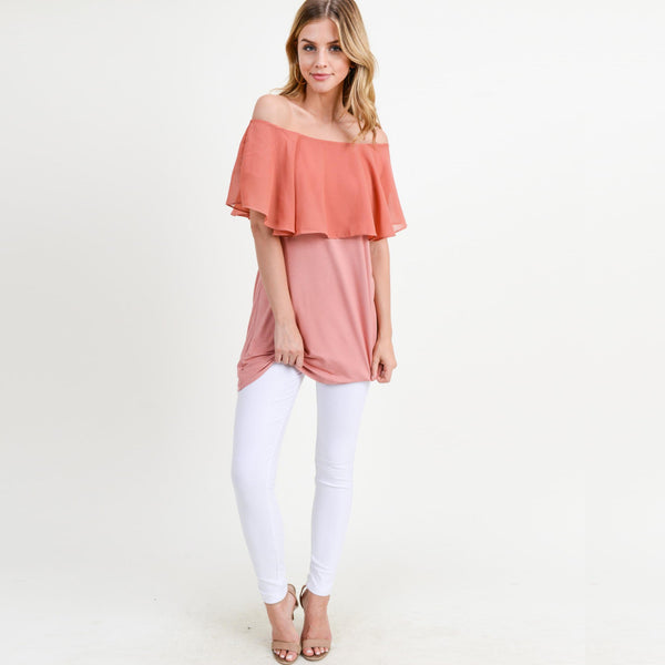 Solid Color Off Shoulder Ruffle Tunic Top