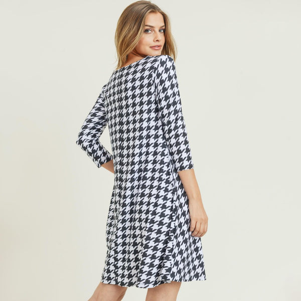 Houndstooth Print 3/4 Sleeve Dress with Pockets