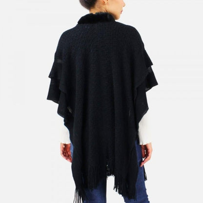 Ruana Wrap Featuring Faux Fur Neckline and Tassel Edges