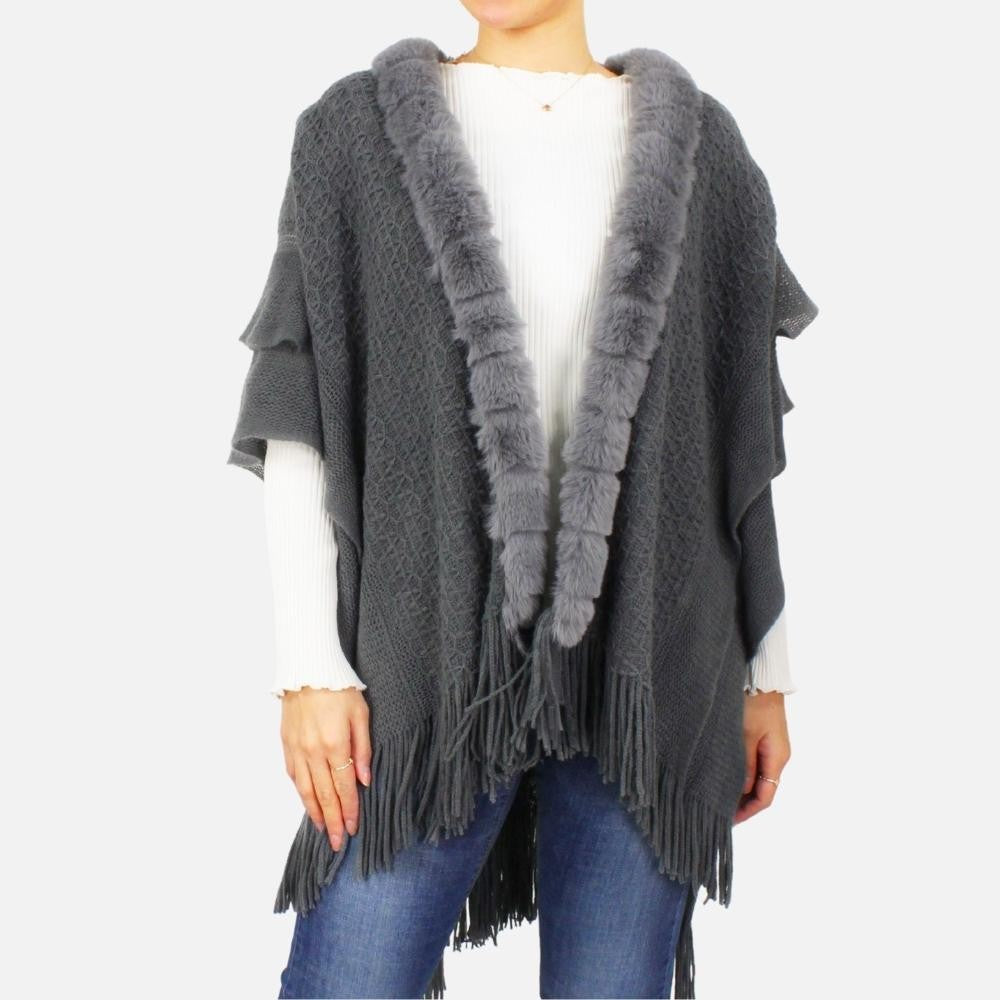 Ruana Wrap Featuring Faux Fur Neckline and Tassel Edges